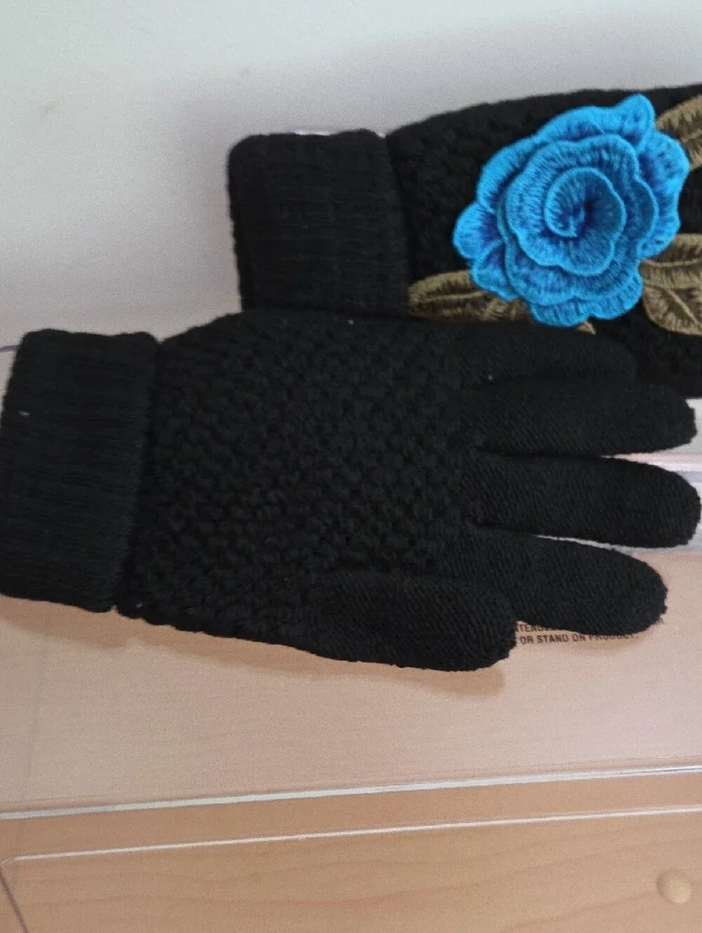 Black Knit Gloves with Blue Rose Embroidery, New Size Sm-med